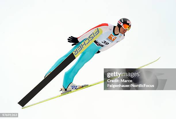 Francois Braud of France competes in the Gundersen Ski Jumping HS 134 event during day two of the FIS Nordic Combined World Cup on March 14, 2010 in...