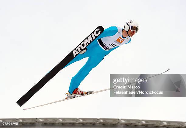 Johnny Spillane of the USA competes in the Gundersen Ski Jumping HS 134 event during day two of the FIS Nordic Combined World Cup on March 14, 2010...