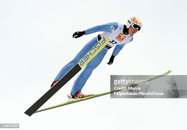 Taihei Kato of Japan competes in the Gundersen Ski Jumping HS 134 event during day two of the FIS Nordic Combined World Cup on March 14, 2010 in...