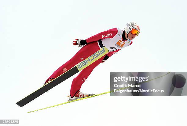 Johannes Rydzek of Germany competes in the Gundersen Ski Jumping HS 134 event during day two of the FIS Nordic Combined World Cup on March 14, 2010...