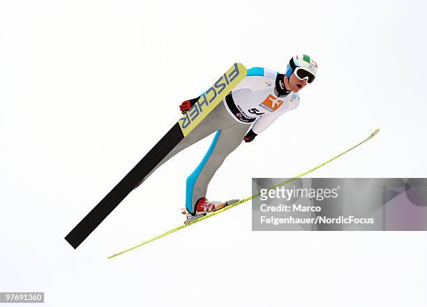 Alessandro Pittin of Italy competes in the Gundersen Ski Jumping HS 134 event during day two of the FIS Nordic Combined World Cup on March 14, 2010...
