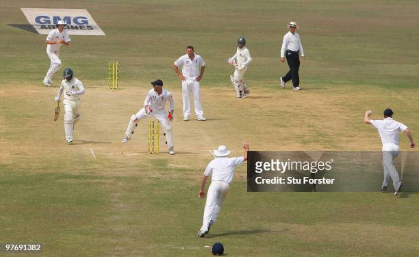 England wicketkeeper Matt Prior runs out Bangladesh batsman Naeem Islam during day three of the 1st Test match between Bangladesh and England at...