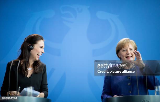 Dpatop - German Chancellor Angela Merkel and New Zealand's Prime Minister Jacinda Ardern hold a joint press conference following their meeting at the...