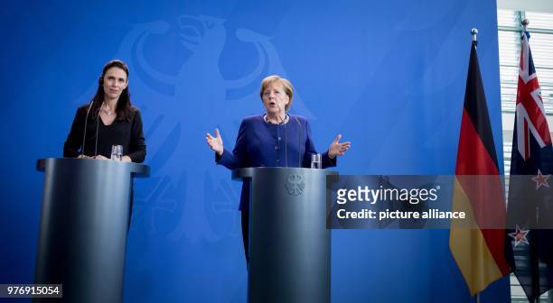 German Chancellor Angela Merkel and New Zealand's Prime Minister Jacinda Ardern hold a joint press conference following their meeting at the Federal...