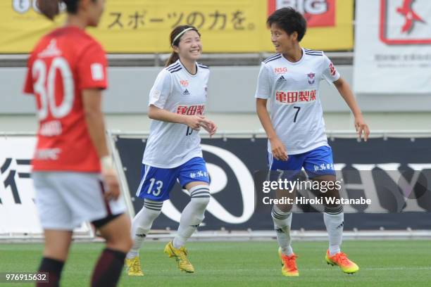 Mizuki Sonoda of Albirex Niigata Ladies celebrates scoring her team's first goal during the Nadeshiko Cup match between Urawa Red Diamonds Ladies and...