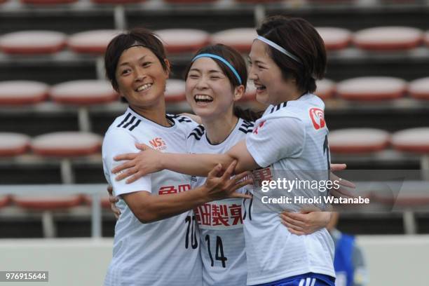 Aya Saeki of Albirex Niigata Ladies celebrates scoring her team's second goal during the Nadeshiko Cup match between Urawa Red Diamonds Ladies and...