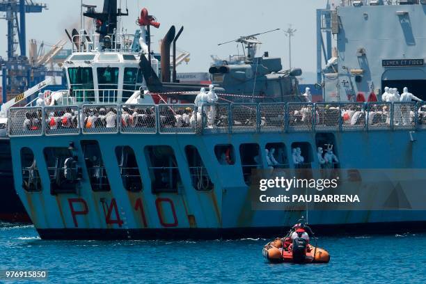 The Italian navy ship Orione enters the port of Valencia on June 17, 2018. - The Aquarius rescue ship with more than 600 people on board, has been...