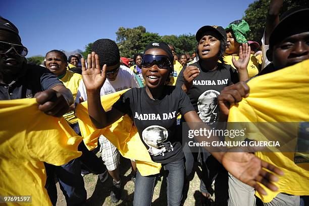 Supporters of South Africa's ruling African National Congress party dance on February 11, 2010 during celebrations, marking the 20th anniversary of...