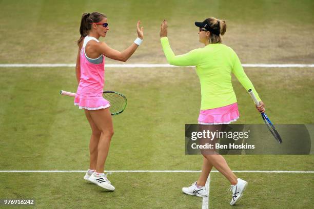 Alicja Rosolska of Poland reacts with Abigail Spears of USA in the Womens Doubles Final during Day Nine of the Nature Valley Open at Nottingham...