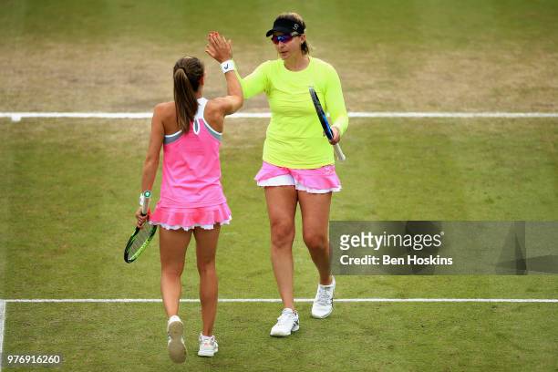 Alicja Rosolska of Poland reacts with Abigail Spears of USA in the Womens Doubles Final during Day Nine of the Nature Valley Open at Nottingham...