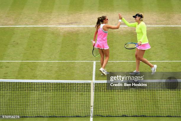 Alicja Rosolska of Poland reacts with Abigail Spears of USA in the Womens Doubles Final during Day Nine of the Nature Valley Open at Nottingham...