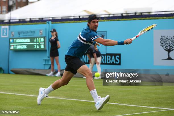 Thanasi Kokkinakis of Australia hits a backhand during his match against Tim Smyczek of USA during qualifying Day 2 of the Fever-Tree Championships...