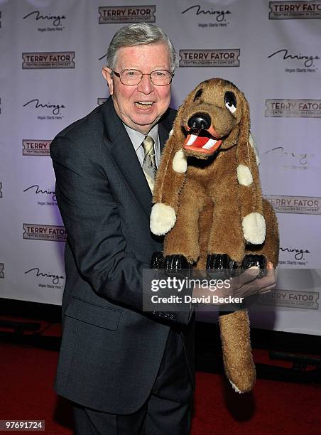 Ventriloquist Jimmy Nelson with his puppet, Farfel, arrives at the one year anniversary of the show, 'Terry Fator & His Cast of Thousands' at The...