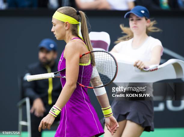 Aleksandra Krunic of Serbia walks during the finals of the women's singles match at the Libema Open Tennis tournament in Rosmalen, on June 17, 2018....