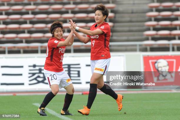 Yuika Sugawara of Urawa Red Diamonds Ladies celebrates scoring her team's first goal during the Nadeshiko Cup match between Urawa Red Diamonds Ladies...