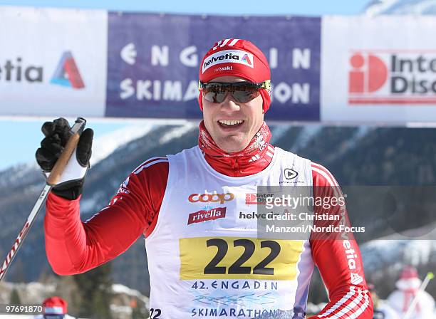 Dario Cologna of Switzerland celebrates his second victory in the FIS Marathon Cup Engadin on March 14, 2010 Scuol, Switzerland.