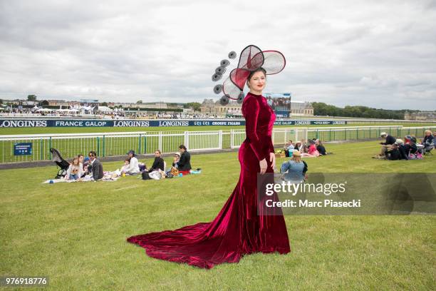 Guest wearing a special hat attends the Prix de Diane Longines 2018 at Hippodrome de Chantilly on June 17, 2018 in Chantilly, France.