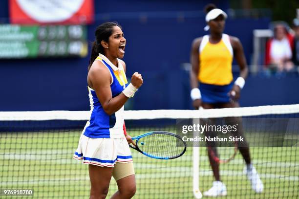 Prarthana Thombare of India reacts in the Womens Doubles Final during Finals Day of the Fuzion 100 Manchester Trophy at The Northern Lawn Tennis Club...