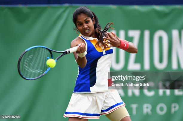 Prarthana Thombare of India in action in the Womens Doubles Final during Finals Day of the Fuzion 100 Manchester Trophy at The Northern Lawn Tennis...