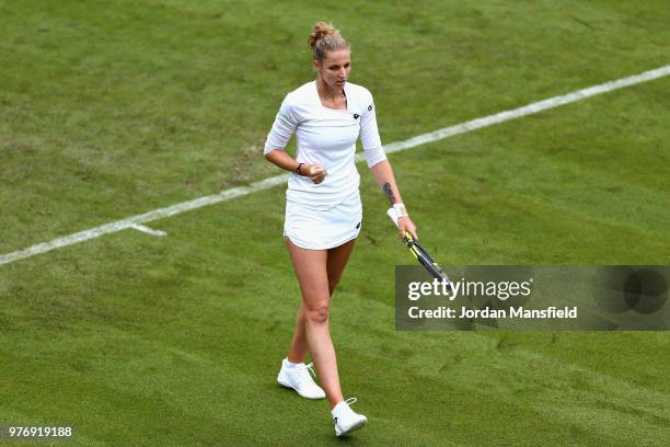 Karolina Pliskova of Czech Republic reacts during Day Two of the Nature Valley Classic at Edgbaston Priory Club on June 17, 2018 in Birmingham,...