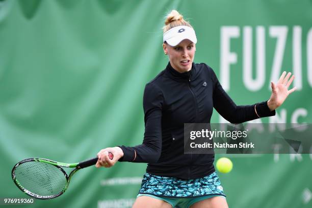 Naomi Broady of Great Britain in action in the Womens Doubles Final during Finals Day of the Fuzion 100 Manchester Trophy at The Northern Lawn Tennis...