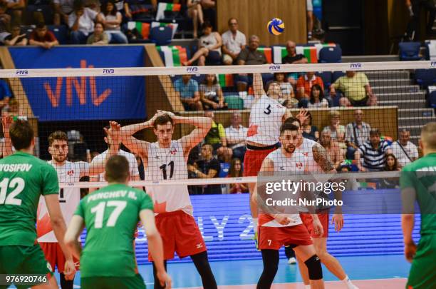 Lucas Van Berkel of Canada play a service against Bulgaria during Mens Volleyball Nations League, VNL, match between Bulgaria and Canada at Palace of...