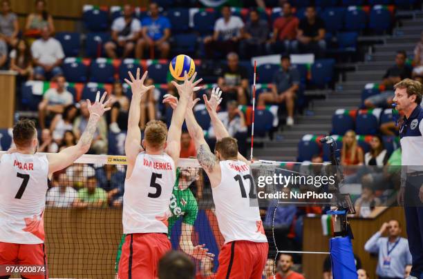 Stephen Timothy Maar , Lucas Berkel, and Gavin Schmitt , Canada during Mens Volleyball Nations League, VNL, match between Bulgaria and Canada at...
