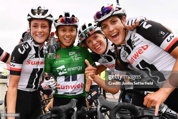 Arrival / Coryn Rivera of The United States Green Leader Jersey / Celebration / Lucinda Brand of The Netherlands / Floortje Mackaij of The...