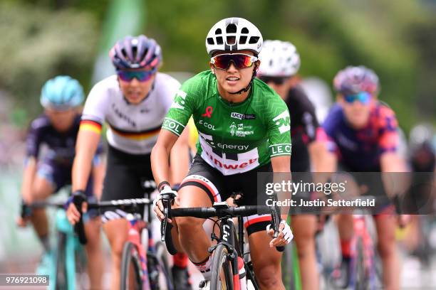 Arrival / Coryn Rivera of The United States and Team Sunweb Green Leader Jersey / Celebration / during the 5th OVO Energy Women's Tour 2018, Stage 5...