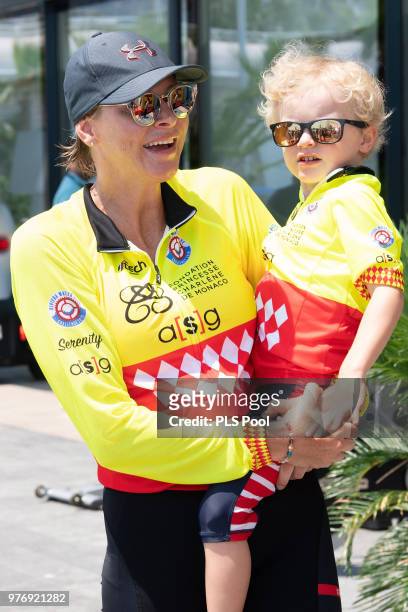 Princess Charlene of Monaco and son Prince Jacques of Monaco attend the Riviera Water Bike Challenge 2018 on June 17, 2018 in Monaco, Monaco.