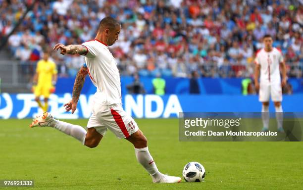 Aleksandar Kolarov of Serbia scores his team's first goal from a free kick during the 2018 FIFA World Cup Russia group E match between Costa Rica and...