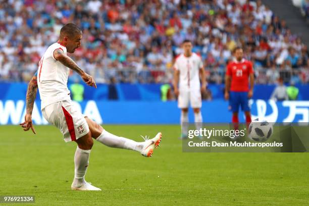 Aleksandar Kolarov of Serbia scores his team's first goal from a free kick during the 2018 FIFA World Cup Russia group E match between Costa Rica and...