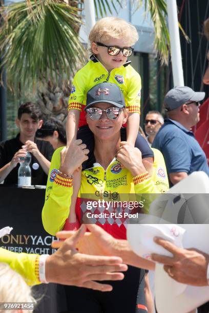 Princess Charlene of Monaco and son Prince Jacques of Monaco attend the Riviera Water Bike Challenge 2018 on June 17, 2018 in Monaco, Monaco.