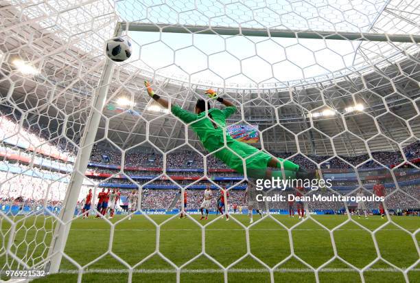 Aleksandar Kolarov of Serbia scores his team's first goal past Keylor Navas of Costa Rica from a free kick during the 2018 FIFA World Cup Russia...