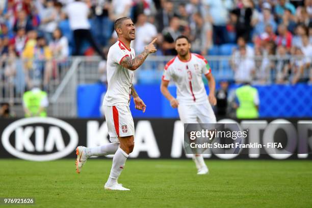 Aleksandar Kolarov of Serbia celebrates after scoring his team's first goal during the 2018 FIFA World Cup Russia group E match between Costa Rica...