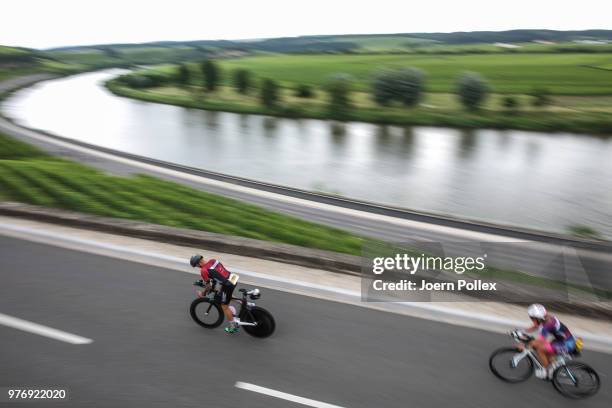 Athletes compete in the bike section of the IRONMAN 70.3 Luxembourg-Region Moselle race on June 17, 2018 in Luxembourg, Luxembourg.