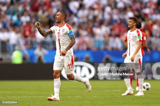 Aleksandar Kolarov of Serbia celebrates after scoring his team's first goal during the 2018 FIFA World Cup Russia group E match between Costa Rica...