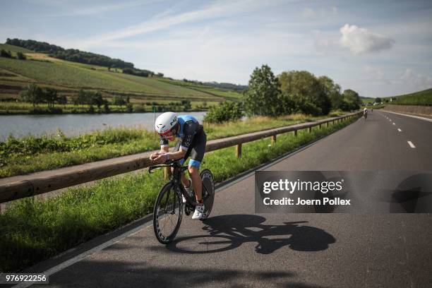 Athletes compete in the bike section of the IRONMAN 70.3 Luxembourg-Region Moselle race on June 17, 2018 in Luxembourg, Luxembourg.