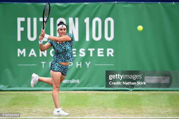 Ons Jabeur of Tunisia in action in the Womens Singles Final during Finals Day of the Fuzion 100 Manchester Trophy at The Northern Lawn Tennis Club on...