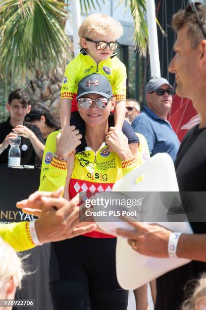 Princess Charlene of Monaco and son Prince Jacques of Monaco attend the Riviera Water Bike Challenge 2018 on June 17, 2018 in Monaco, Monaco.