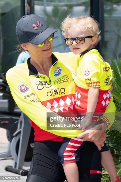 Princess Charlene of Monaco and son Prince Jacques of Monaco attend the Riviera Water Bike Challenge 2018 on June 17, 2018 in Monaco, Monaco.