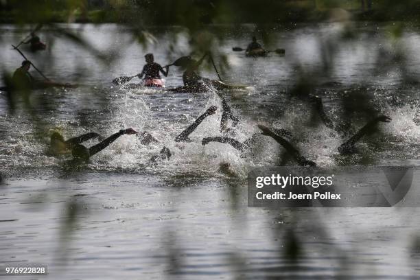 Athlete prepare for the swim section of the IRONMAN 70.3 Luxembourg-Region Moselle race on June 17, 2018 in Luxembourg, Luxembourg.