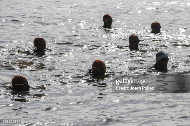 Athlete prepare for the swim section of the IRONMAN 70.3 Luxembourg-Region Moselle race on June 17, 2018 in Luxembourg, Luxembourg.