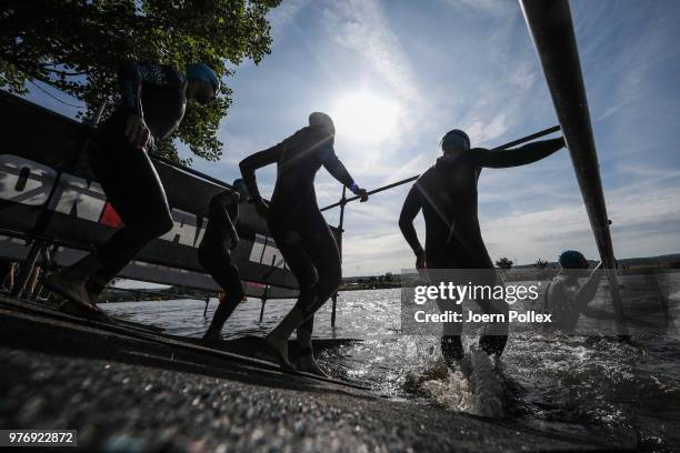 Athlete prepare for the swim section of the IRONMAN 70.3 Luxembourg-Region Moselle race on June 17, 2018 in Luxembourg, Luxembourg.