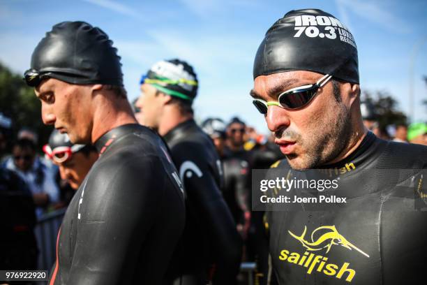 Athlete prepare for the swim section of the IRONMAN 70.3 Luxembourg-Region Moselle race on June 17, 2018 in Luxembourg, Luxembourg.