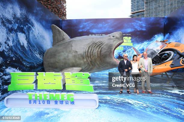 English actor Jason Statham, Chinese actress Li Bingbing and American director Jon Turteltaub attend the press conference of film 'The Meg' during...