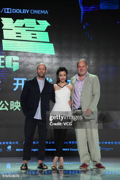 English actor Jason Statham, Chinese actress Li Bingbing and American director Jon Turteltaub attend the press conference of film 'The Meg' during...