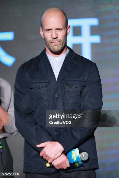 English actor Jason Statham attends the press conference of film 'The Meg' during the 21st Shanghai International Film Festival on June 17, 2018 in...