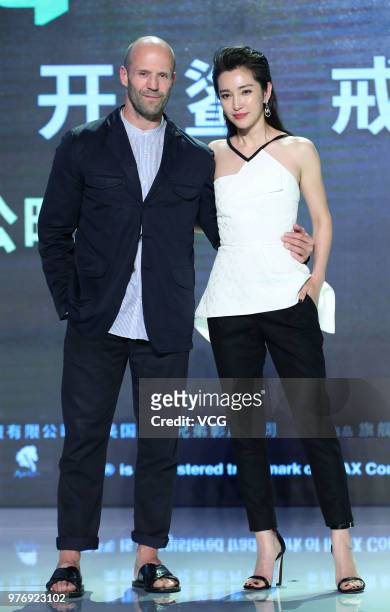 English actor Jason Statham and Chinese actress Li Bingbing attend the press conference of film 'The Meg' during the 21st Shanghai International Film...