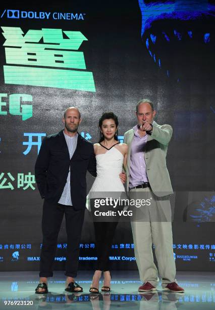 English actor Jason Statham, Chinese actress Li Bingbing and American director Jon Turteltaub attend the press conference of film 'The Meg' during...